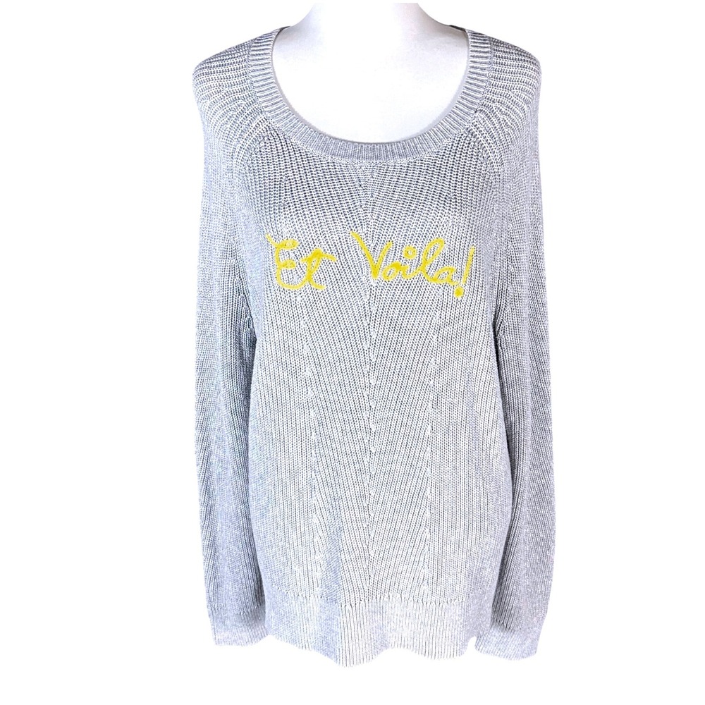 Talbots Sweater Women XL Gray Et Voila Graphic Embroidered Knit Scoop Neck